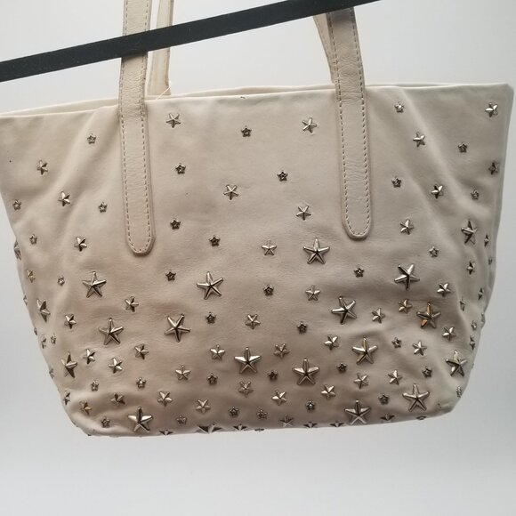 Jimmy Choo Tote Bag Cream Color Leather Star Studded Purse - Picture 2 of 12